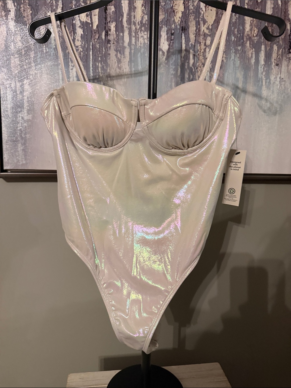 No Boundaries Iridescent Pearlescent Bustier Bodysuit - Light Pink/White
